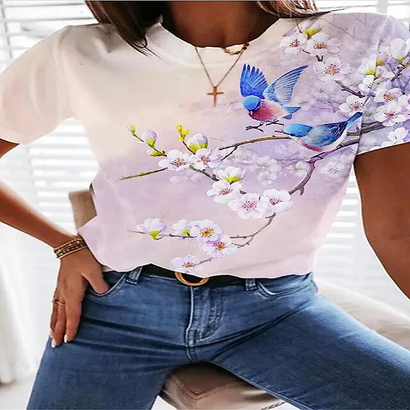 

Flower theme women's fashion new clothes summer 3d print round neck oversized polyester t shirt