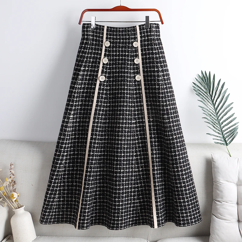 

Осенняя клетчатая вязаная длинная юбка, зимняя двубортная юбка А-силуэта на пуговицах, длинные плиссированные вязаные юбки коричневого, че...