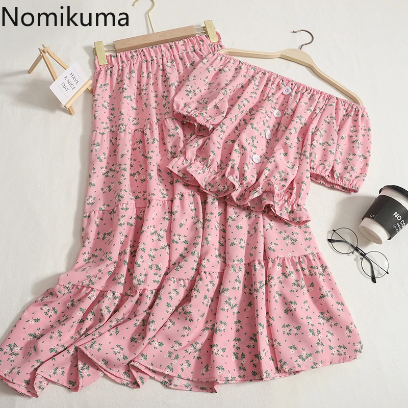 

Nomikuma Two Piece Sets Womens Outifits Slash Neck Ruffles Patchwork Floral Print Ensembles De Jupes Retro Fashion Jupe Femme