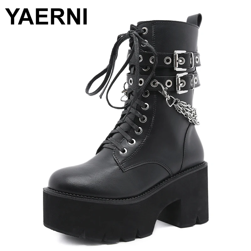 

Rock Punk Style Rivet Buckle Chain Platform Boots Chunky Gothic Shoes Women 2021 Winter Block High Heels Ankle Boots Leather