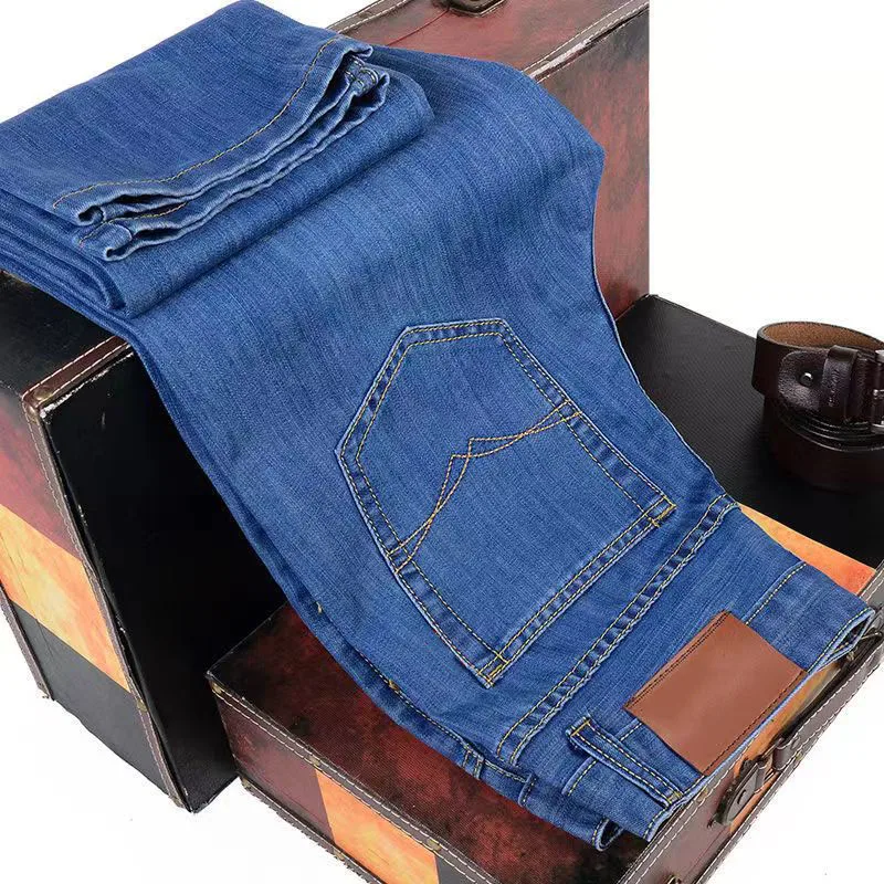 

Classic Style Summer Autumn Black Blue Mens Business Jean Fashion Casual Denim Stretch Outsize Pants Mens Brand Trousers