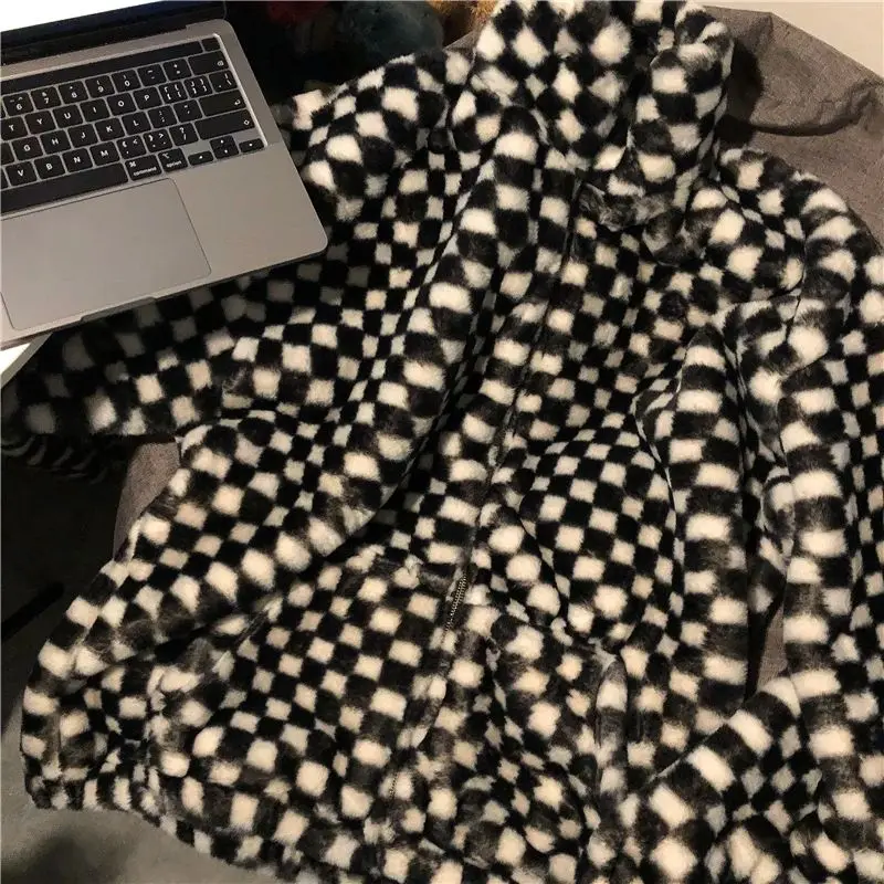 Goth Fashion Plaid Fur Jacket Women Vintage Checkerboard Gothic Style Streetwear All-match Outwear Harajuku Jackets Fur Coat y2k