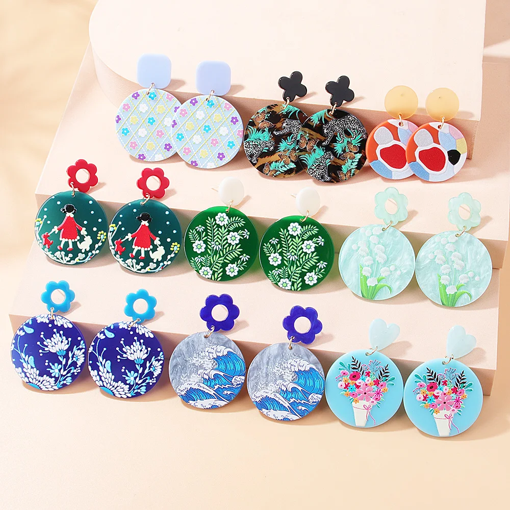 

New Spring Print Flower Acrylic Earrings For Women Aesthetic Colorful Daisy Drop Earrings Fashion Jewelry