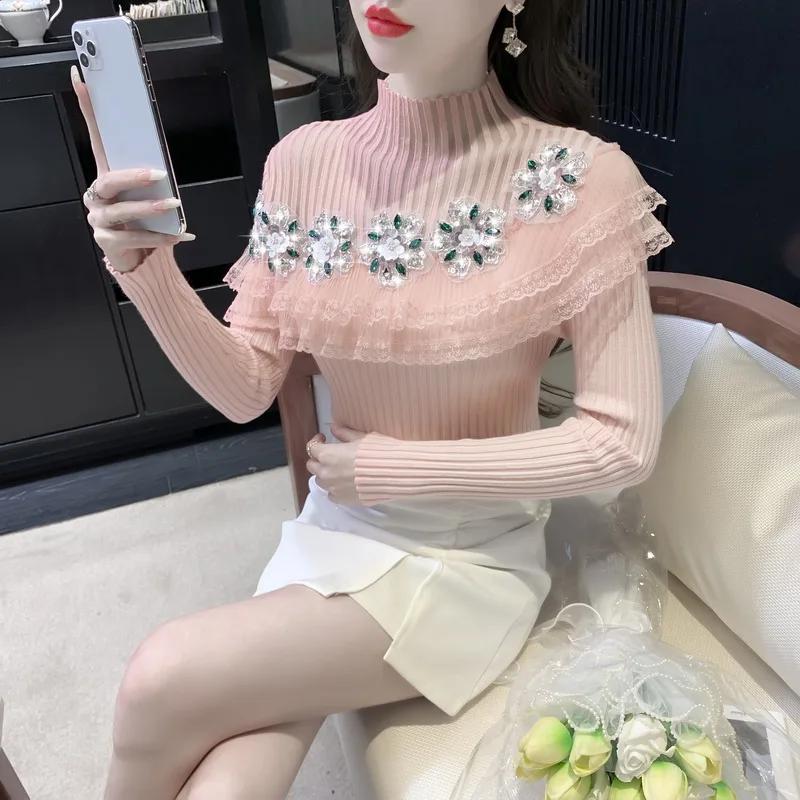

Women's Autumn and Winter New High-end Temperament High Collar Long Sleeve Flower Inlaid Diamond Slim Sweet Top Elastic Knitwear
