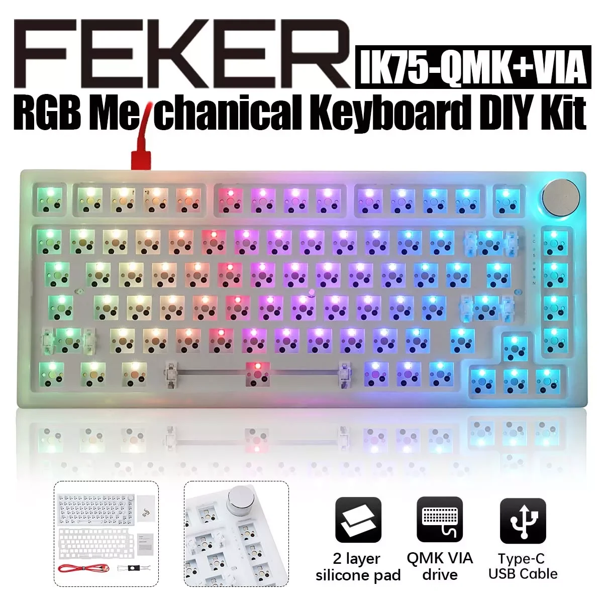 

3 Mode FEKER IK75 V3 kit IK75 Pro 75% Mechanical Keyboard DIY Kit Hot Swap Wireless RGB Dial Knob Keyboard QMK+VIA Silicone pad