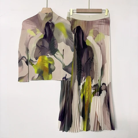2022 Miyake Pleated New Women Suit Slim Western Print Stand Collar Long Sleeve Top+Loose Slim Skirt Casual Party Two Piece Set