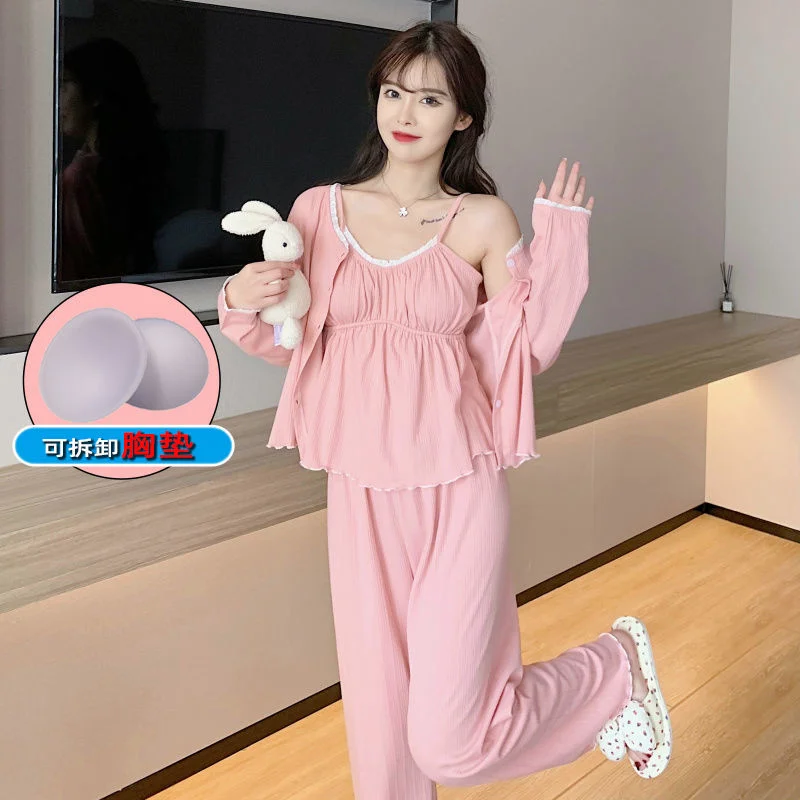 

Новый весенне-осенний маленький аромат, Однотонный женский сексуальный комплект из трех предметов, милая Домашняя одежда с длинным рукавом