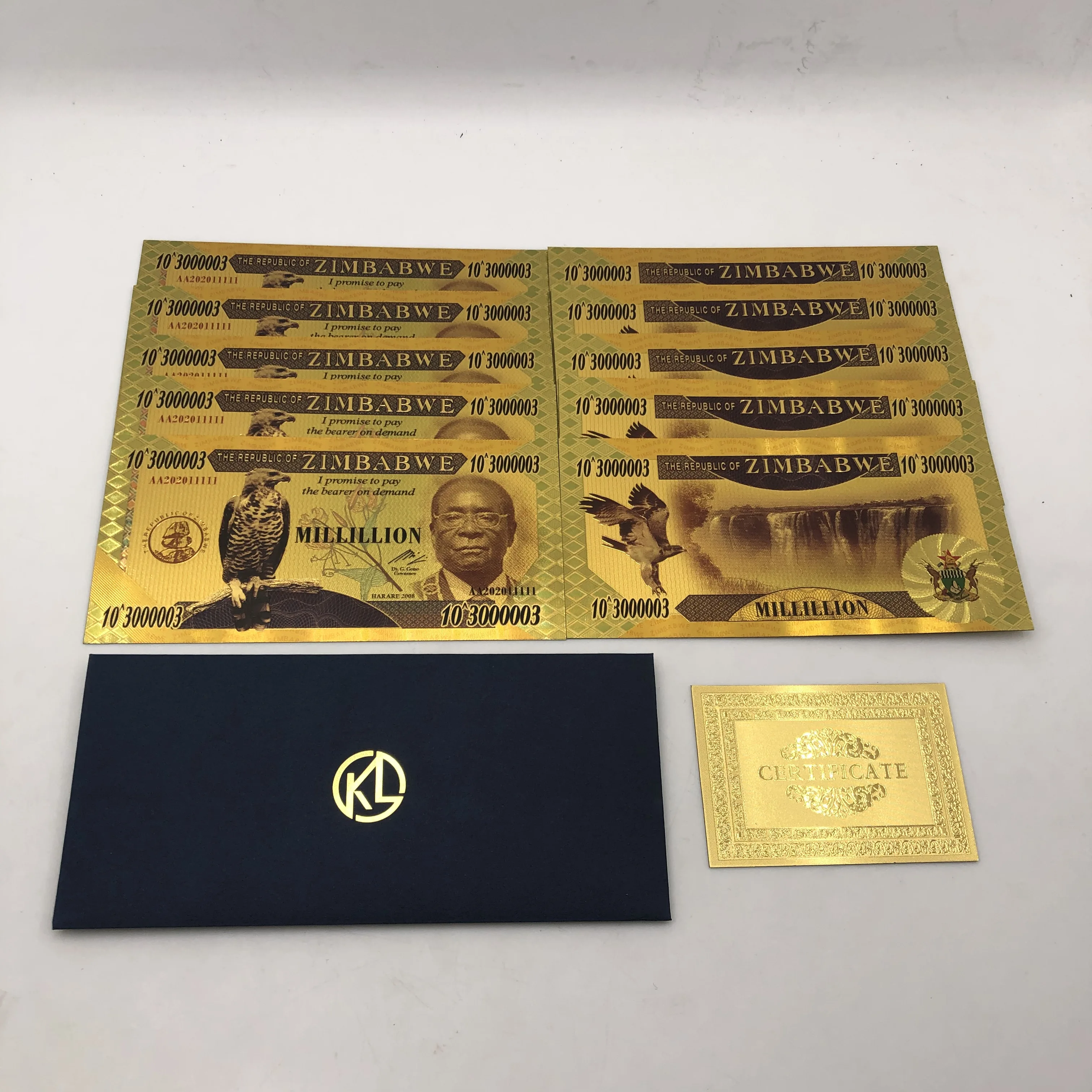 10pcs Zimbabwe Millillion Dollars 30000003 ZEROS Gold 999999 Banknotes $Z100 Trillion  Banknote Collection