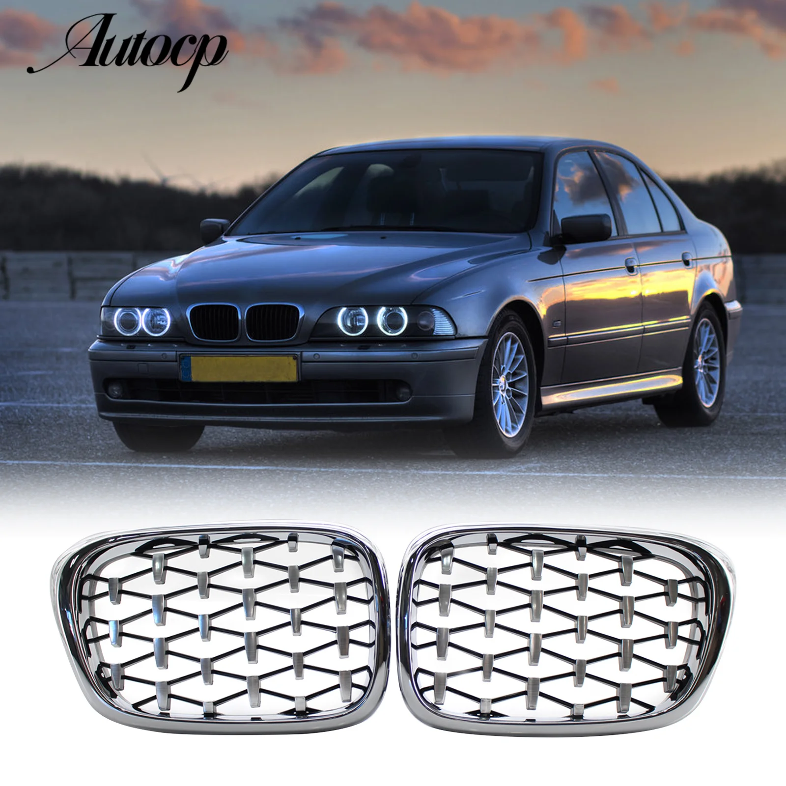 

2PCS Front Kidney Chrome Grille Diamond Meteor Fit For 5 Series BMW E39 M5 1999-2003 51137005837 51137005838