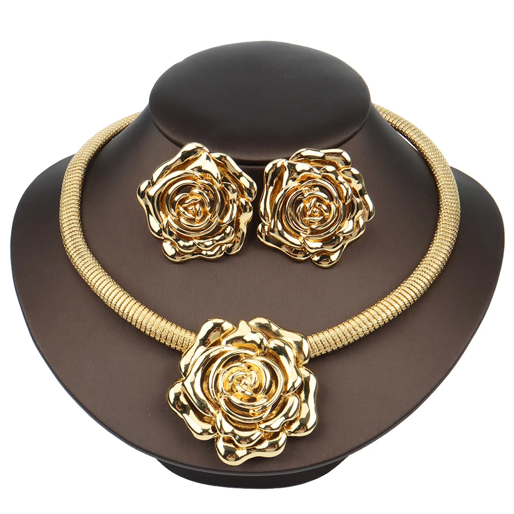 

African Dubai Fashion Jewelry Sets Women Golden Copper Necklaces Hoop Earrings Set For Italian Bridal Wedding Accessories