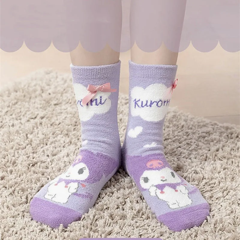 

Kawai Sanrio My Melody Kuromi Cinnamoroll Cartoon Coral Fleece Mid-Calf Thickened Warm Floor Socks Anime Cute Ladies Socks Gifts