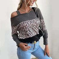 t shirt fashion summer womens hollow long sleeved loose t shirt womens leopard print one shoulder off the shoulder top