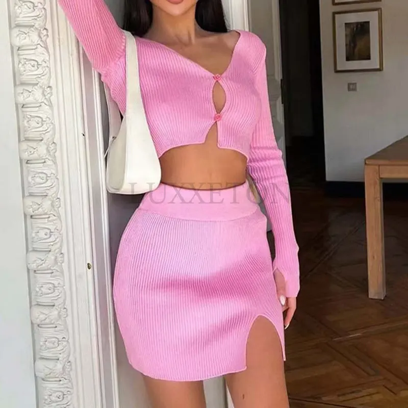 

Sexy Tracksuit Women Casual Button Long Sleeve T-shirt + Mini Skirts Matching Sets Women Slim 2 Piece Set Female Summer