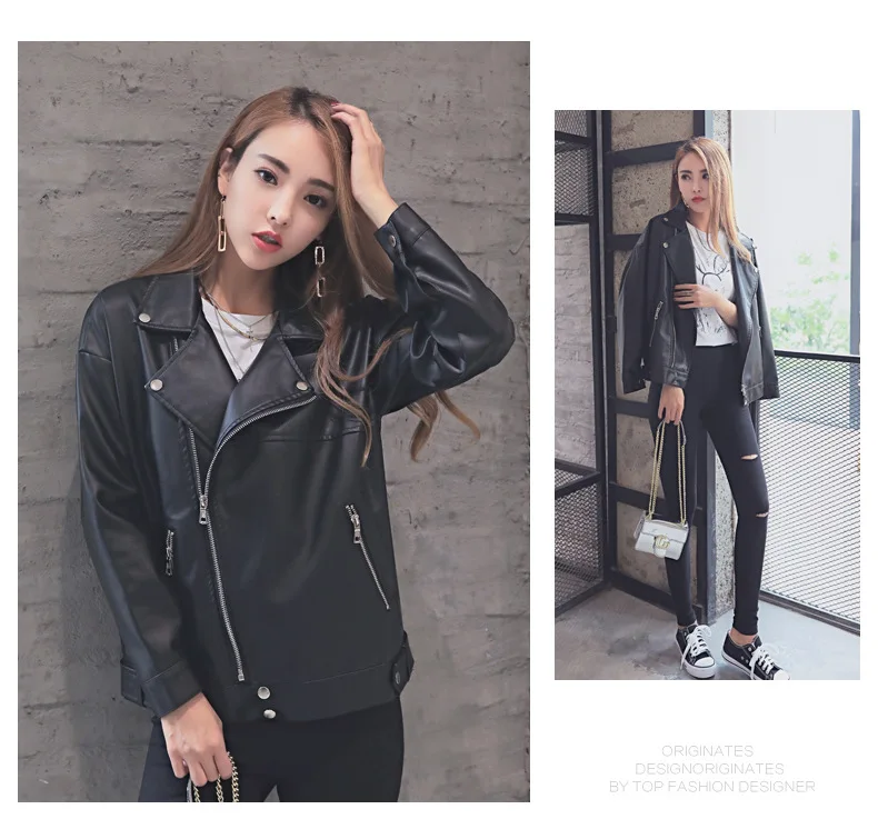 Autumn Winter Black Leather Women's Korean Women's Loose Leather Short Coat Student Motorcycle Jacket Pu Leather Jacket Coat