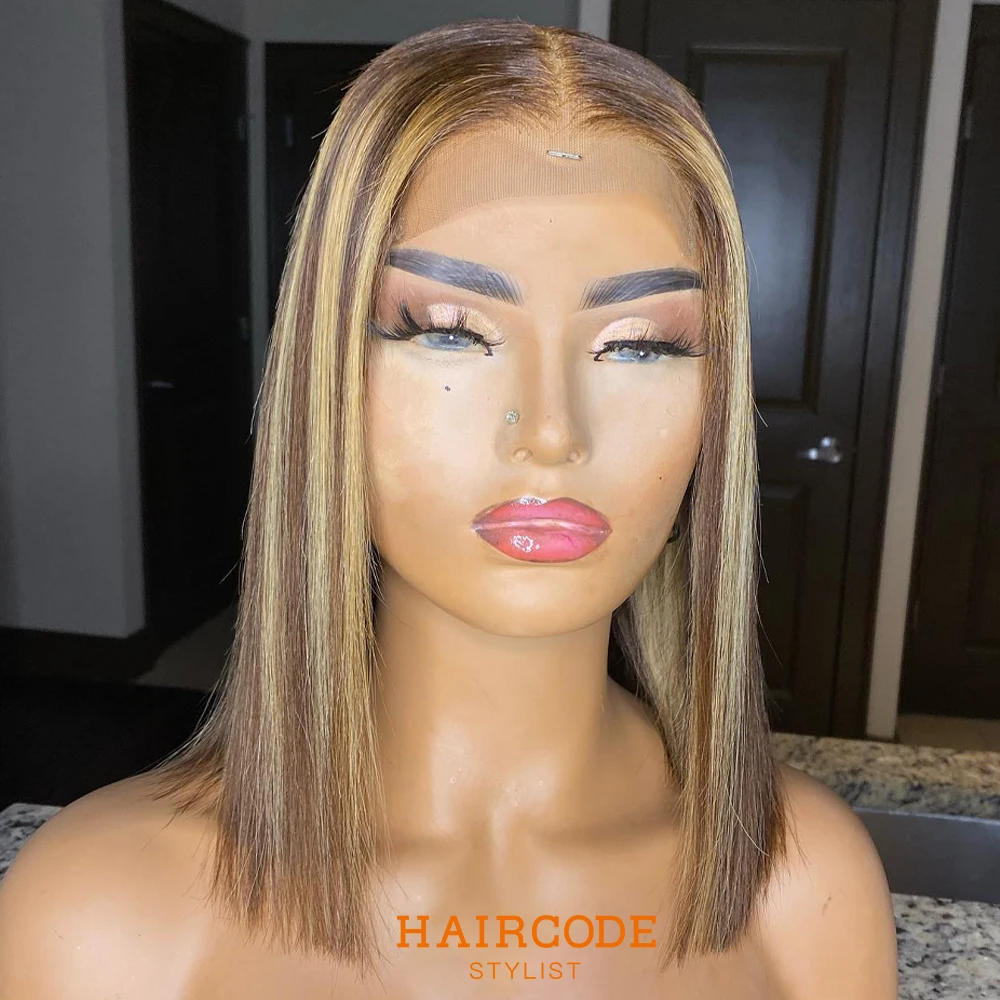 

Highlight Short Bob Lace Front Human Hair Wig 13x4 Straight Glueless Ftontal Brazilian Ombre Pre-Plucked Virgin For Black Women