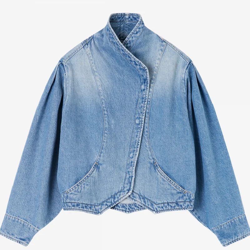 

2022 spring and summer niche fashion new loose snap-button lapel long-sleeved blue denim jacket women's simple all-match top