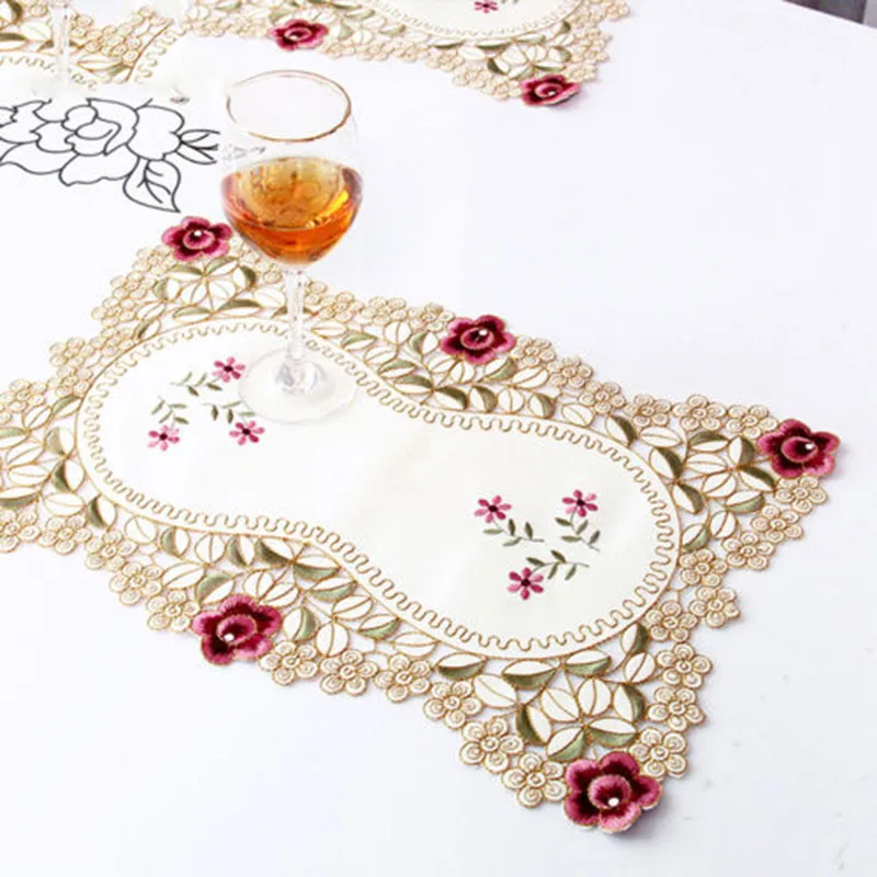 

Домашний коврик для обеденного стола, винтажная вышитая кружевная искусственная ткань 30x45 см, овальная скатерть с цветочным рисунком, домашняя скатерть