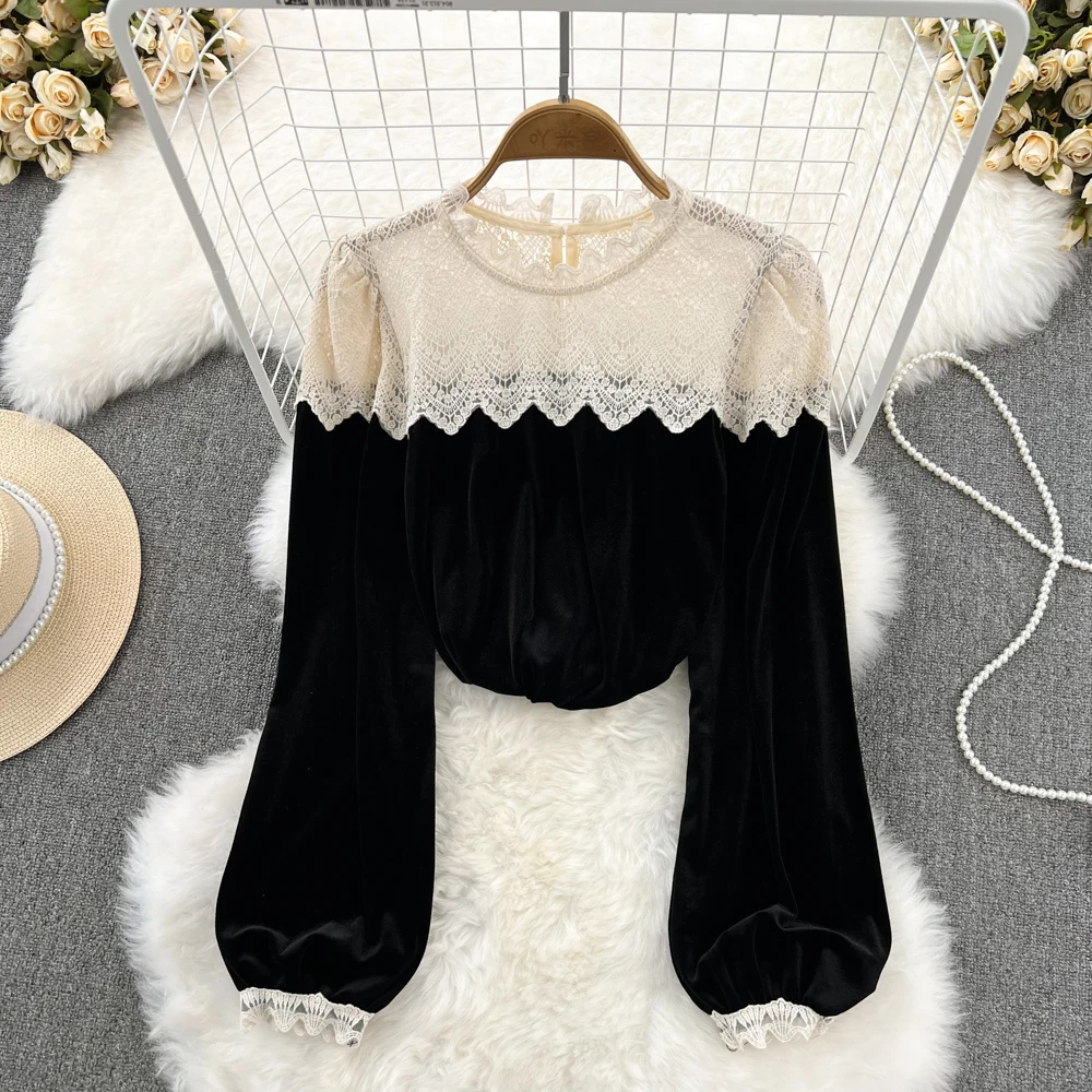 

Осенне-зимний женский бархатный топ с длинными рукавами и круглым вырезом