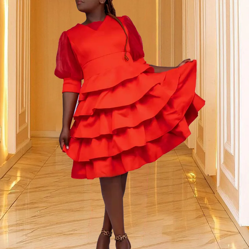 

PLEINDI Elegant Evening Dresses O-Neck A-shaped Short Sleeve Tea-Length Chiffon 2022 New of Tiered Classic Prom Dress Women