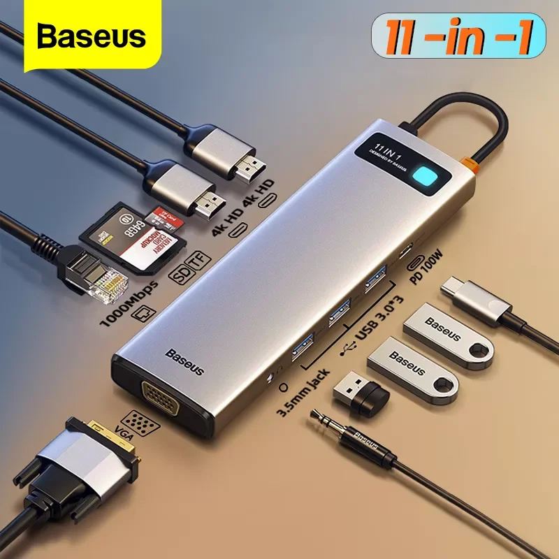 

Baseus 11 in 1 USB C HUB Multi HUB Ethernet Network PD 100W Type C Docking Station Splitter USB 3.0 Adapter For Macbook Surface