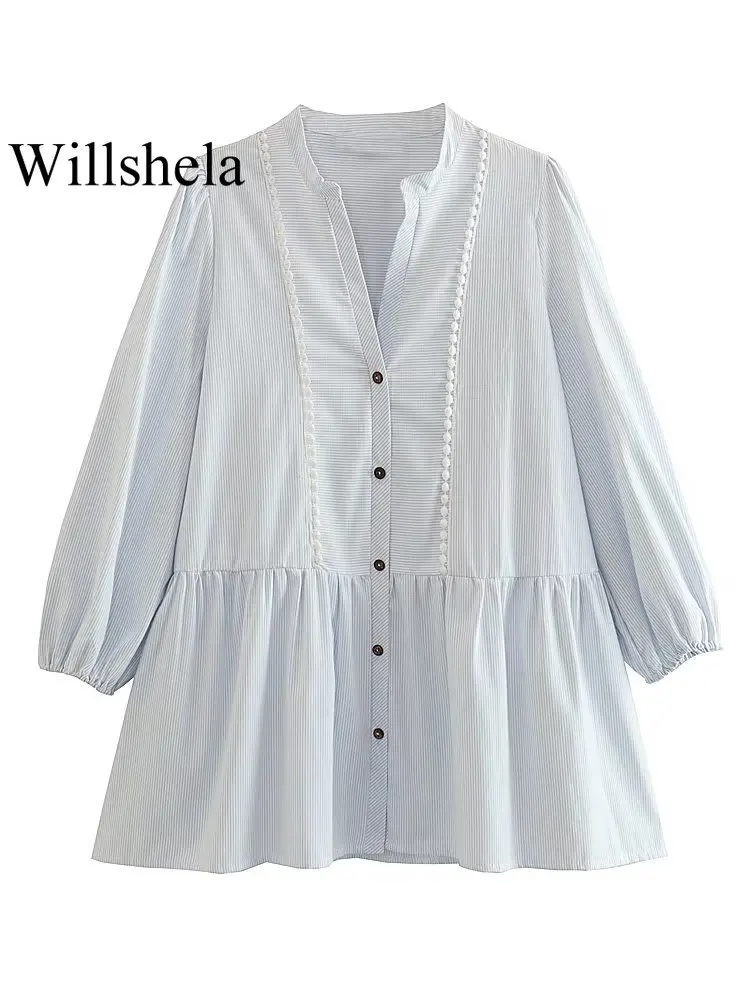 

Willshela Женская модная полосатая однобортная блузка в винтажном стиле с длинными рукавами и v-образным вырезом, женские шикарные рубашки