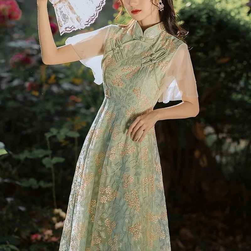 Винтажное Сетчатое платье-Ципао с вышивкой и высокой талией в китайском стиле |