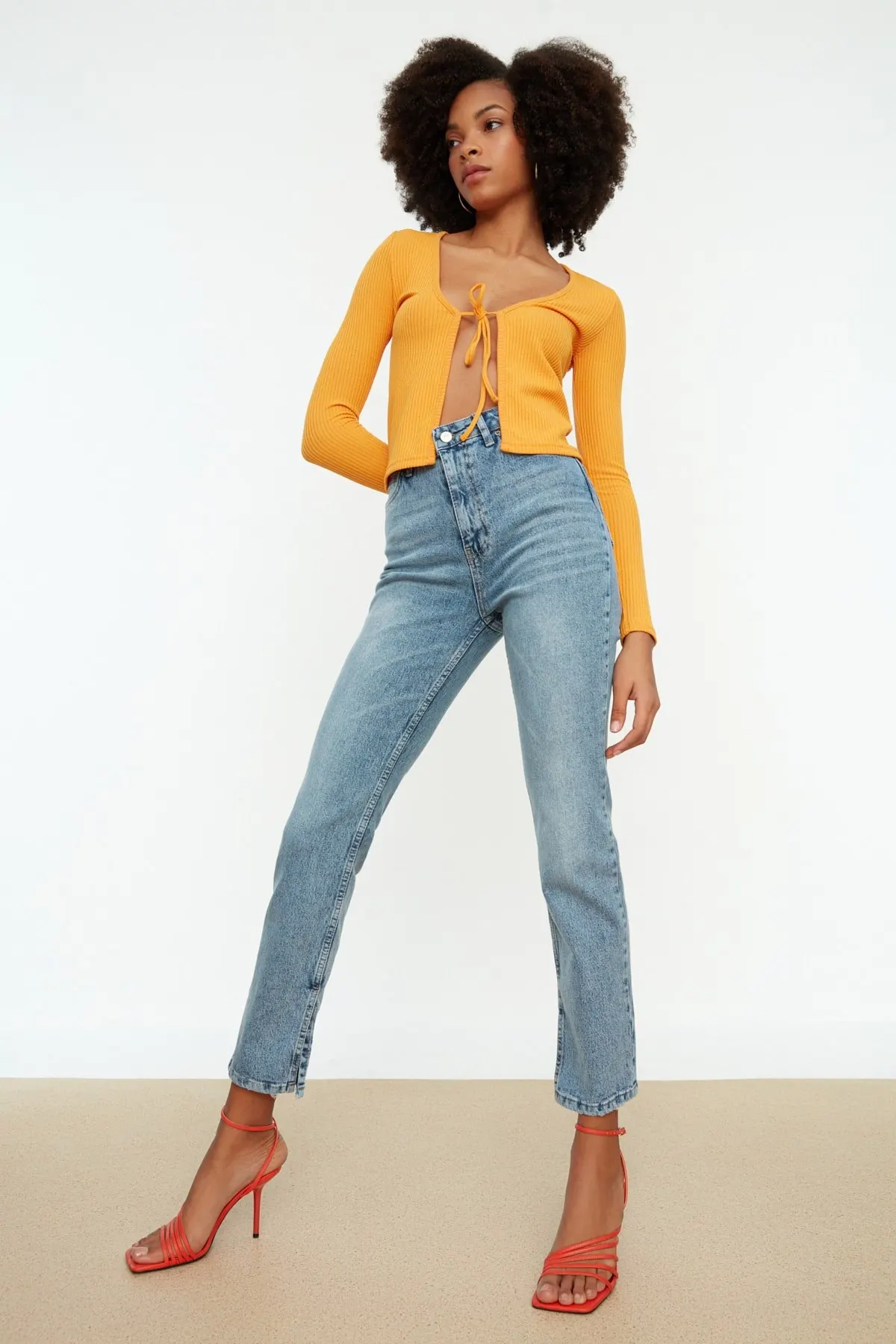 

Women's Jean Blue Slit High Waist Bootcut Full Length Straight Pant Streetwear Female Buttons Zipper Ladies