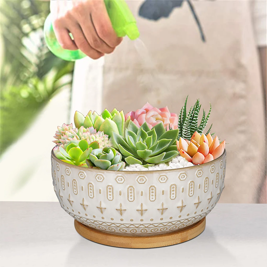 Gardening Ceramic Succulent Pots with Drainage Hole Flower Pot Tray Round Shallow Large Case Balcony Decorations