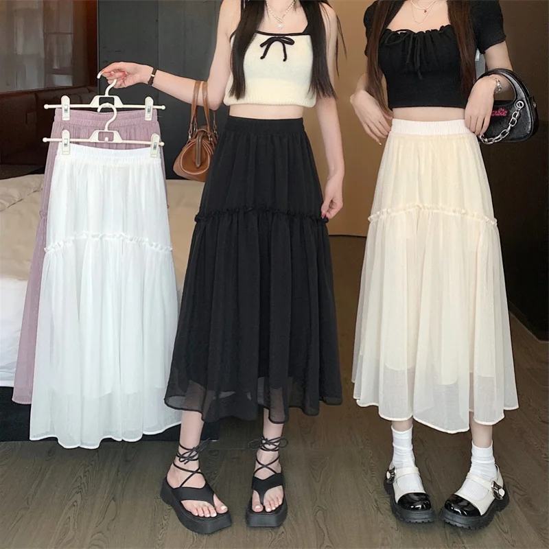 

Spring/Summer 2023 new Korean style high waist slimming Super fairy fungus Stitching bright silk mid-length A- line skirt for wo