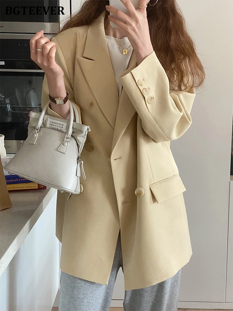 

BGTEEVER Autumn Elegant Suit Jackets Women Autumn Double-breasted Pockets Women Blazer Casual Loose Winter Coat Female