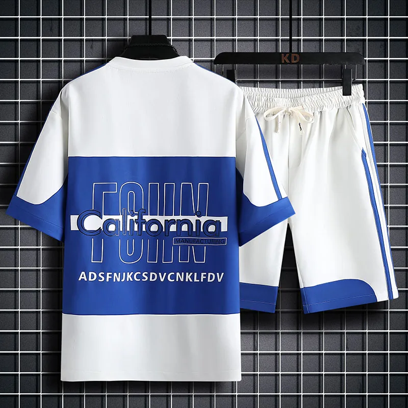 2023 New Summer Short-Sleeved T-shirt Men's Loose Stitching T-shirt Youth Thin Student Sports Shorts Suit Fashion