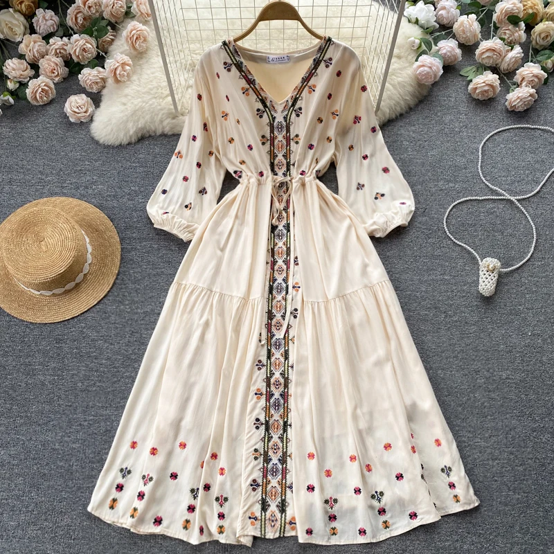 

WEIHAOBANG 2022 Summer Women's New Embroidered V-neck Seven Sleeve High Waist Drawstring Loose Dress Casual Long A-line Skirt