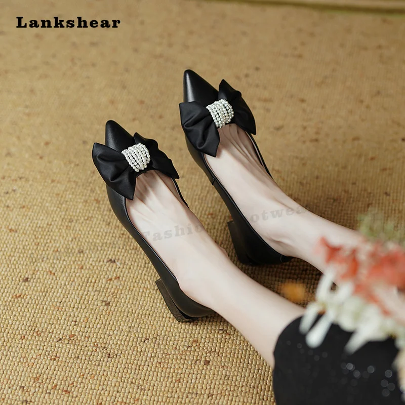 2022 New Ladies Fashion Low Heels Butterfly-Knot Pearl Pumps Ladies Sexy Party Casual Shoes Spring and Summer Flats Shoes