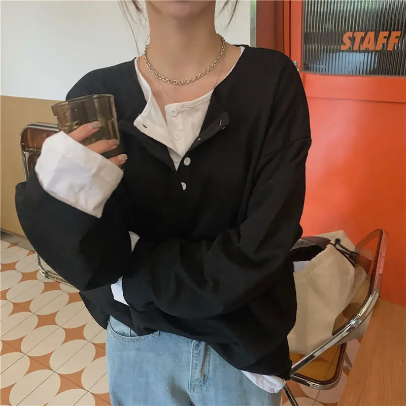 

Fall Korean Style Students All-Match Solid Casual Loose Tops Pullover Women Fake-two Pieces Button No Hat Hoodies Sweatshirts
