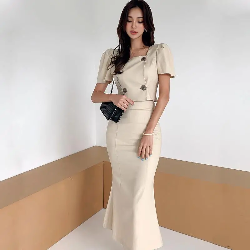 

Korean 2 Piece Set Elegant Women Casual Simple Double Breasted Short Sleeve Short Tops Shirt Package Hip Skirt Set