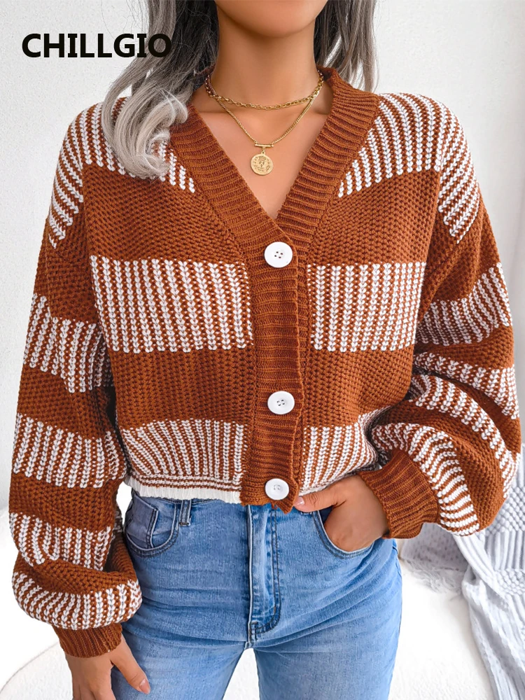 

CHILLGIO Striped Cardigans Women Autumn Vintage Warm Long Sleeves Knit Tops Winter Fashion Streetwear V Neck Knitted Sweaters