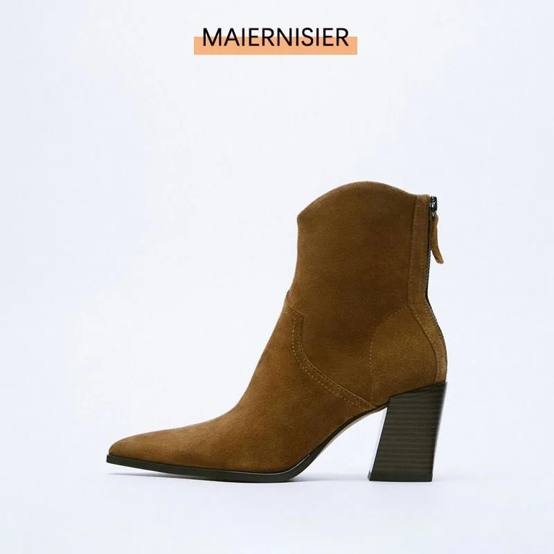 

2021 высокие ботинки с низким вырезом, коричневые женские осенне-зимние замшевые повседневные Модные женские ботинки с острым носком