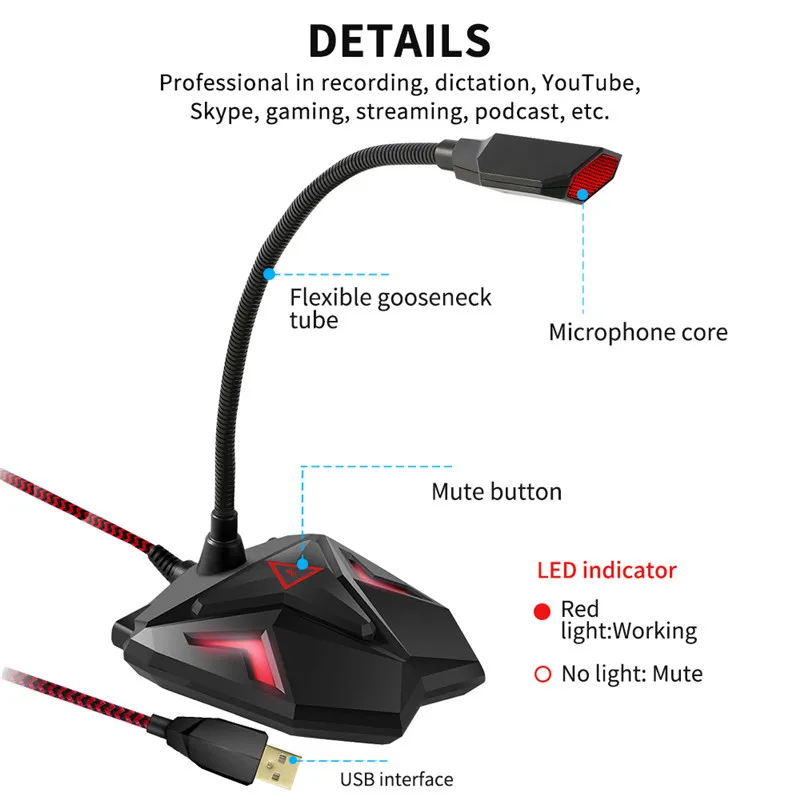 Фото Конденсатор Yanmai G55, Usb-микрофон со светодиодной подсветкой, гусиная шея, чип Dsp, микрофон для прямого эфира, ноутбука, запись, Студийный микроф... №2
