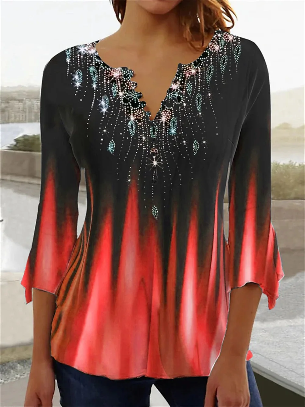 

Женская футболка с V-образным вырезом, V-образным вырезом и пуговицами