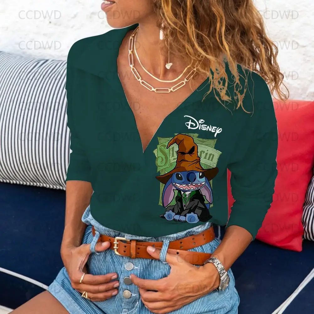 

Hallowe V-Neck Polo Shirts Top Cartoon Christmas New Year Stitch Fashion Woman Blouses Kpop Long Sleeves Thanksgiving Disney 3XL
