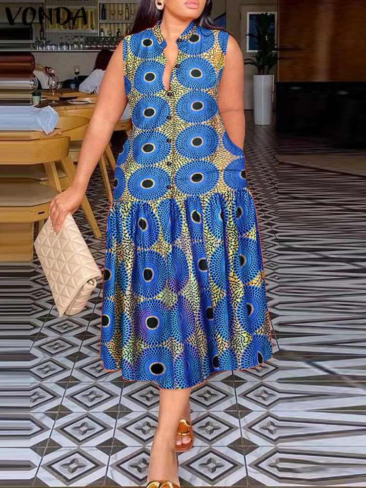 Богемное Женское Летнее Платье Миди VONDA 2024 Без Рукавов С Воротником-стойкой И