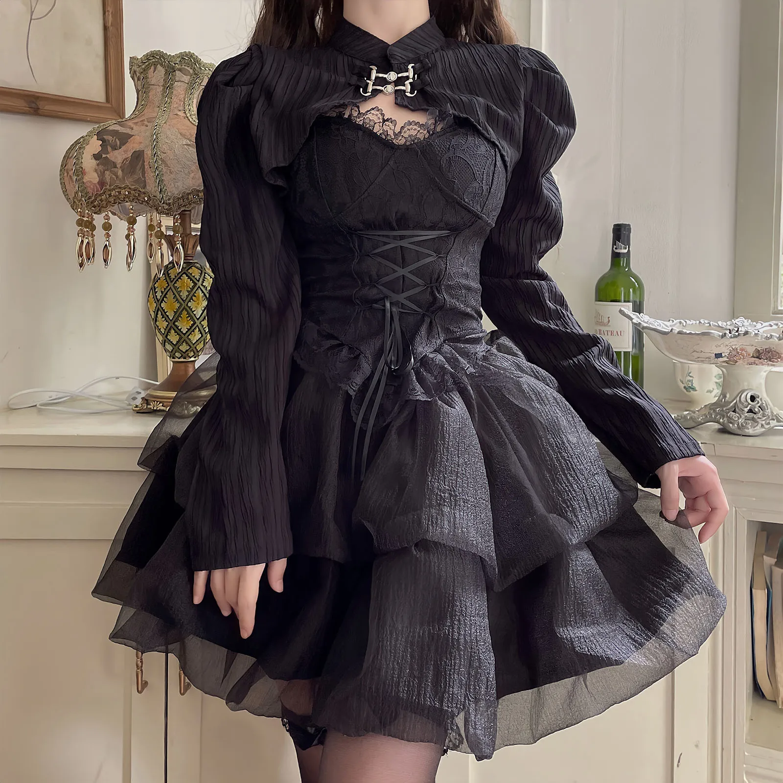 

New Fashion Ruffle Tiered Mini Skirt Set Y2k Gothic Punk Lace Women Black Tutu Skirts Lolita Off Sleeveless Camisole Underwear