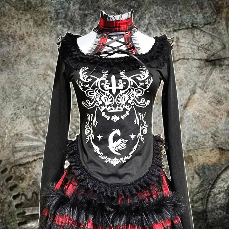 Женский топ с длинным рукавом Милая футболка в готическом стиле розовым кружевом