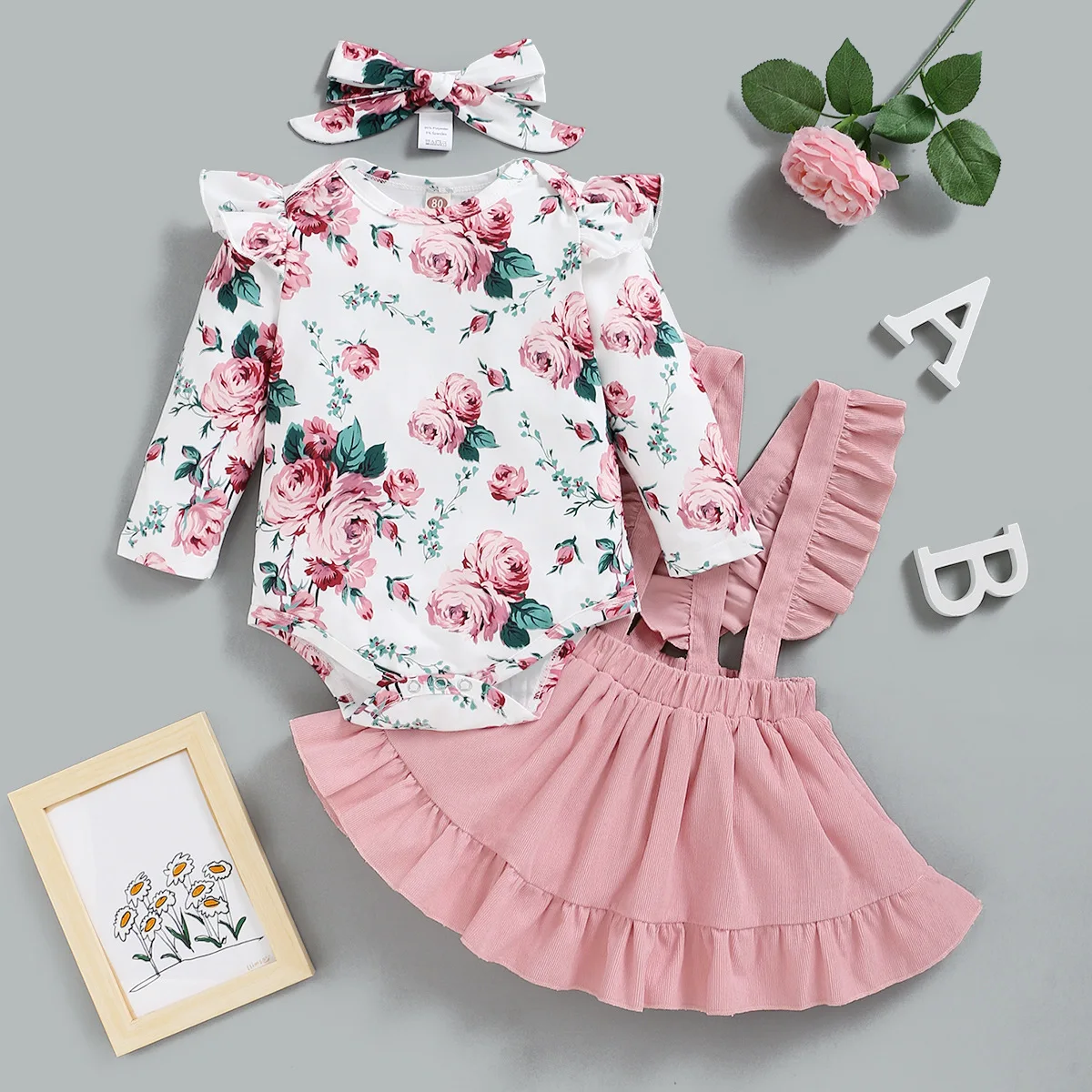 

Infant Baby Girl Clothes Set Ruffle Floral Print Romper Bodysuit Pink Suspender Skirts Newborn Spring Autumn Clothing Outfits