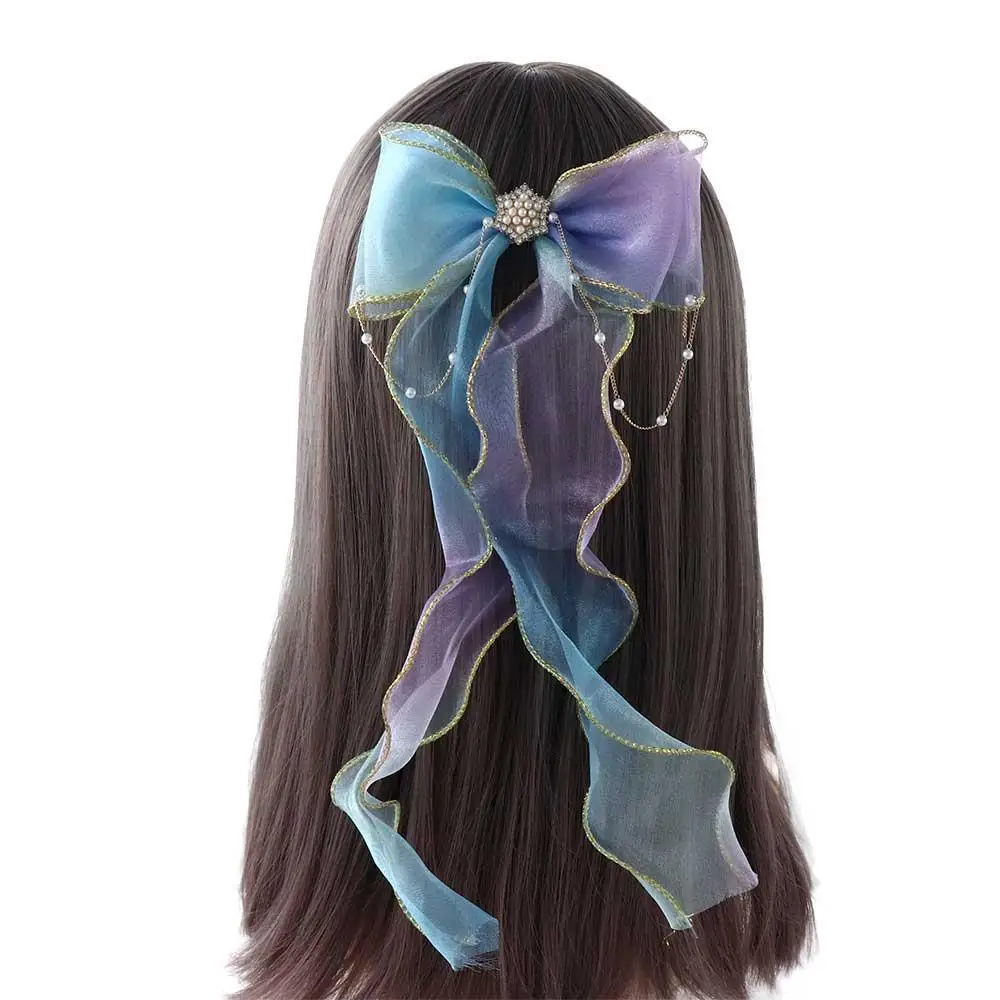 

Ribbon Princess Pearl Chains Blue Yellow Pink Headwear Korean Style Kids Hairpins Bow Hair Clips Ribbon Bow Hairpins
