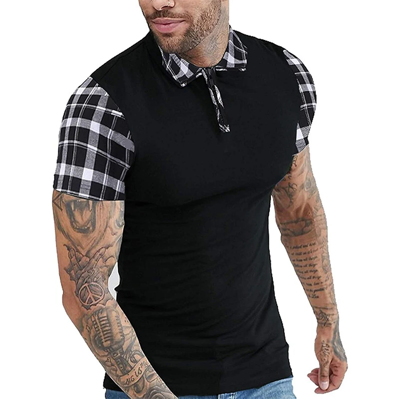 

Men's Short Sleeve T-Shirts Color Matching Plaid Fashion Design Zipper Lapel Tee Tops Man Gym Fitness Casual Streetwear Clothes