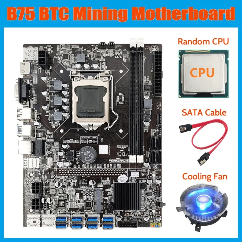 

B75 BTC Mining Motherboard+Random CPU+Cooling Fan+SATA Cable LGA1155 8XPCIE USB Adapter DDR3 MSATA Motherboard