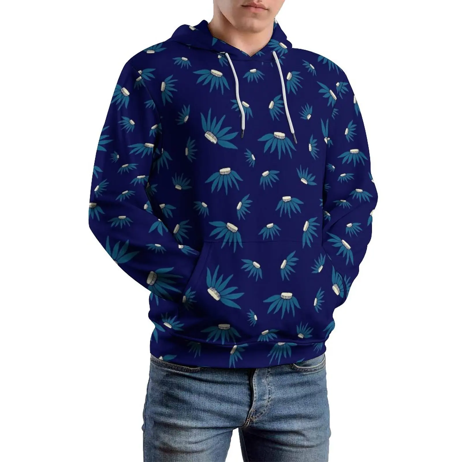 

Blue Daisy Floral Casual Hoodies Flowers Print Loose Hoodie Couple Long Sleeve Elegant Graphic Hooded Sweatshirts Plus Size