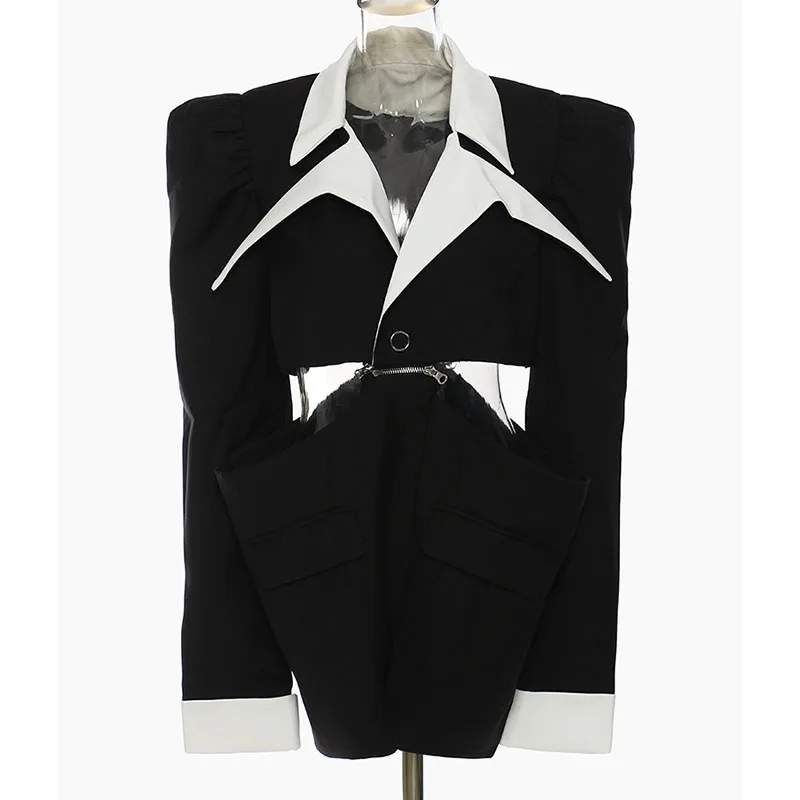 

SeeBeautiful Contrast Color Removable Blazer Coat Notched Long Sleeve Hollow Out Stitching Women 2022 Spring New Fashion Q165