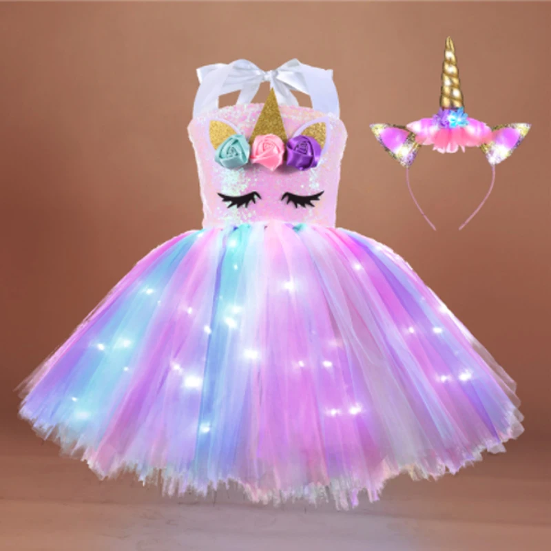 Girls Shiny Unicorn TUT Dress Glowing Kids Unicorn Dresses For Girls Hallowmas Party Princess Dress Children Clothing vestidos